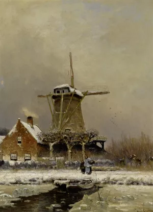 Figures by a Windmill in a Snow Covered Landscape painting by Louis Apol