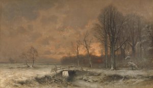 Winter Scene with the Sun Setting Behind Trees by Louis Apol Oil Painting