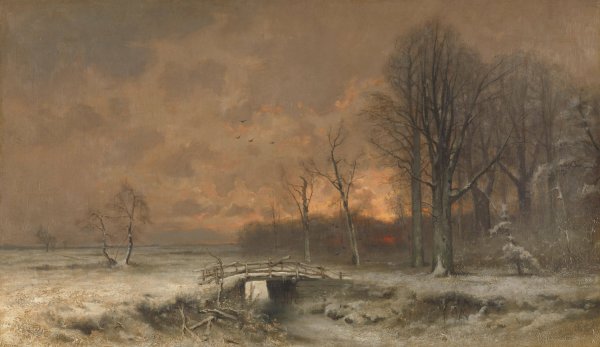 Main Product Photo of Winter Scene with the Sun Setting Behind Trees  Painting by Louis Apol