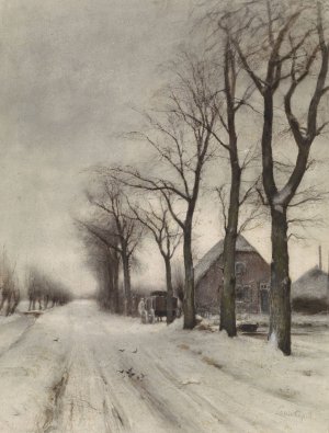 Winterlandschap met boerderij aan een laan by Louis Apol Oil Painting