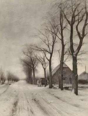 Winterlandschap met boerderij aan een laan by Louis Apol Oil Painting