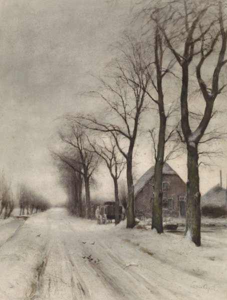 Main Product Photo of Winterlandschap met boerderij aan een laan  Painting by Louis Apol