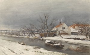 Winterlandschap met huizen aan een vaart by Louis Apol Oil Painting