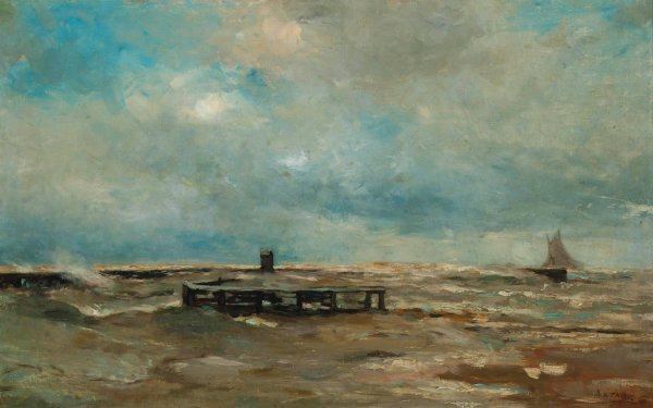 Main Product Photo of The harbour defences in choppy waters Painting by Louis Artan De Saint-Martin
