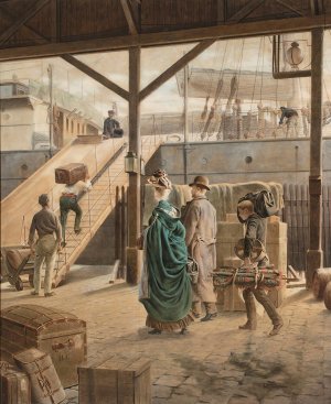 Boarding the ship for New York by Louis-Auguste-Georges Loustaunau Oil Painting