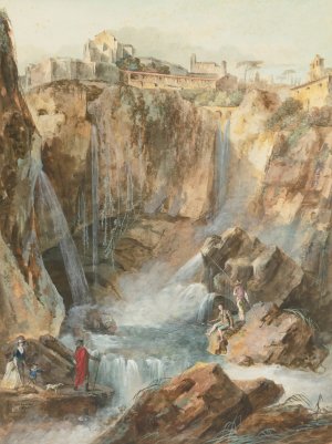 View Of The Cascades At Tivoli With Fishermen And Tourists by Louis Belanger Oil Painting