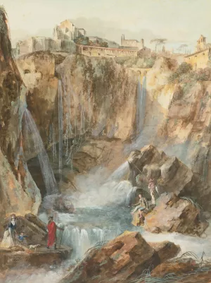 View Of The Cascades At Tivoli With Fishermen And Tourists by Louis Belanger Oil Painting