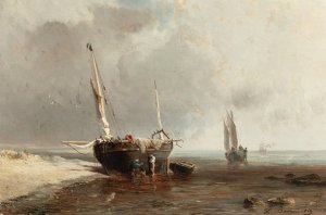 Fishing Boats on the Shore at Low Tide by Louis Bentabole Oil Painting