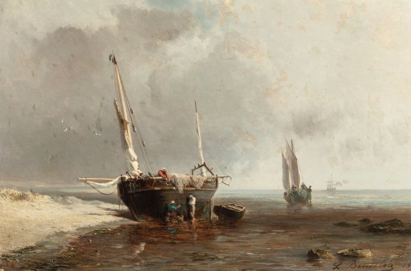 Fishing Boats on the Shore at Low Tide  by Louis Bentabole - Hand-Painted Oil Painting Reproduction