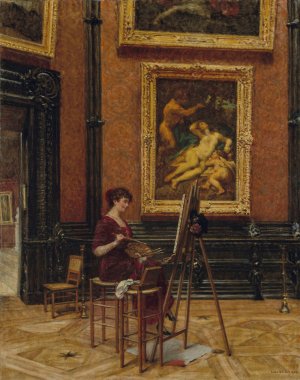 An artist copying the painting Jupiter and Antiope by Correggio, at the Louvre by Louis Beroud Oil Painting