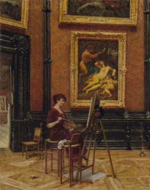 An artist copying the painting Jupiter and Antiope by Correggio, at the Louvre by Louis Beroud Oil Painting