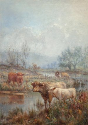 A misty morning, Scotch cattle by Louis Bosworth Hurt Oil Painting