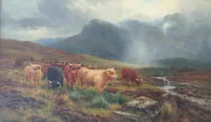 Highland Cattle Showers that Veil the Distant Hills by Louis Bosworth Hurt Oil Painting