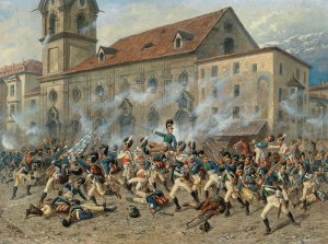 Karl Freiherr von Ditfurth fighting the Tyroleans in front of the Hospital Church in Innsbruck by Louis Braun Oil Painting