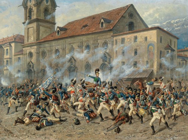 Karl Freiherr von Ditfurth fighting the Tyroleans in front of the Hospital Church in Innsbruck by Louis Braun - Hand-Painted Oil Painting Reproduction
