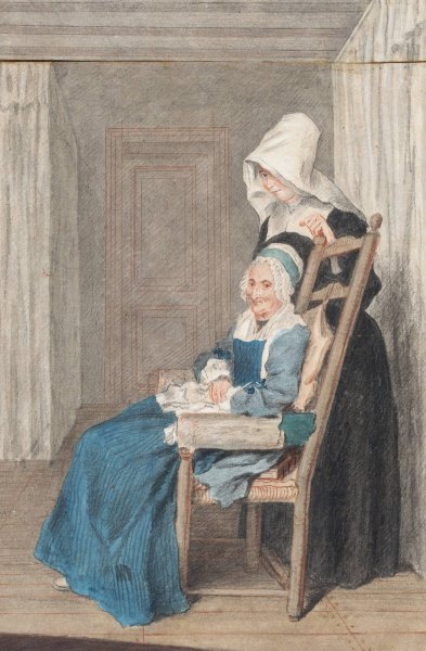 Marie Louise Petit At The Age Of 105, With Her Young Nurse  by Louis Carrogis Carmontelle - Hand-Painted Oil Painting Reproduction