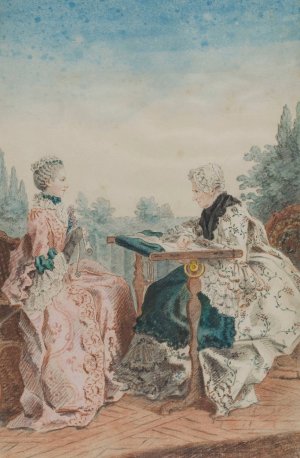 Mme Laleu a son metier a tapisserie et Mlle Melin travaillant dans un jardin by Louis Carrogis Carmontelle Oil Painting