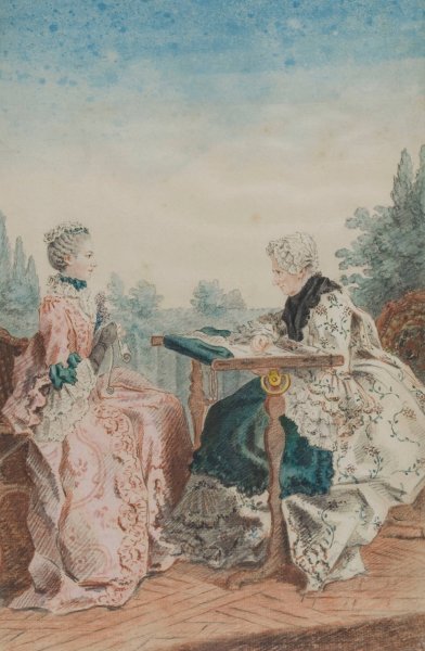 Main Product Photo of Mme Laleu a son metier a tapisserie et Mlle Melin travaillant dans un jardin  Painting by Louis Carrogis Carmontelle