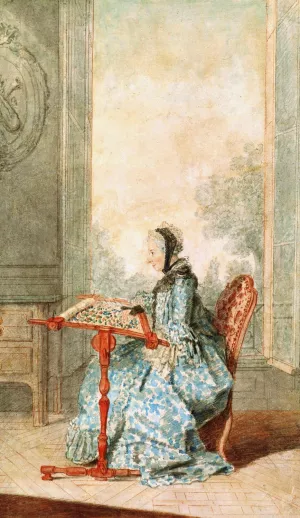 Portrait of a Woman at an Embroidery Frame Oil painting by Louis Carrogis Carmontelle