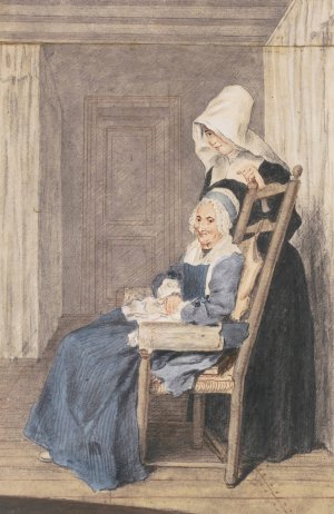Portrait Of Marie Louise Petit, At The Age Of 105, With A Nurse Standing Behind by Louis Carrogis Carmontelle Oil Painting
