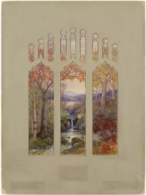 Design for Autumn Landscape Window painting by Louis Comfort Tiffany