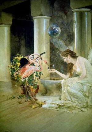Feeding the Flamingos by Louis Comfort Tiffany - Oil Painting Reproduction