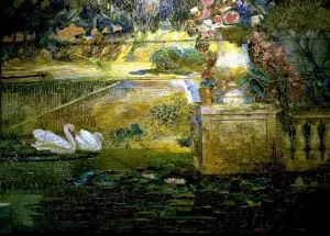 Mosaic Fountain Detail of Swans by Louis Comfort Tiffany Oil Painting