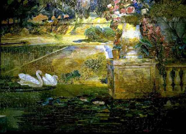 Main Product Photo of Mosaic Fountain Detail of Swans Painting by Louis Comfort Tiffany
