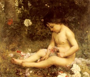 Gathering Woodland Flowers by Louis Courtat Oil Painting