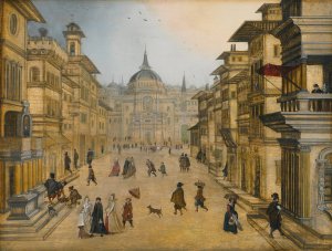 Elegant figures strolling in a renaissance town by Louis De Caullery Oil Painting