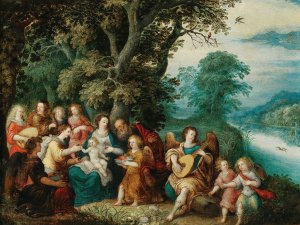 The Holy Family with music-making angels in a landscape by Louis De Caullery Oil Painting