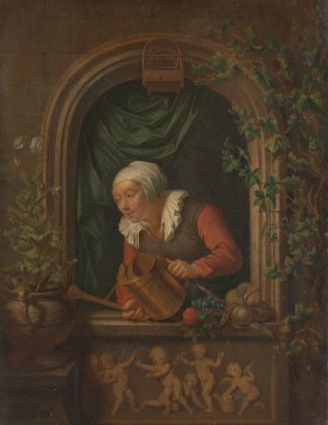 Woman Watering a Plant by Louis De Moni Oil Painting