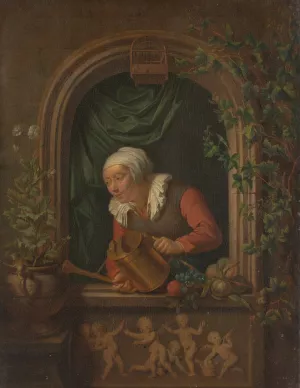 Woman Watering a Plant by Louis De Moni Oil Painting
