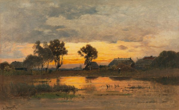Abenddammerung am Weiher  by Louis Douzette - Hand-Painted Oil Painting Reproduction