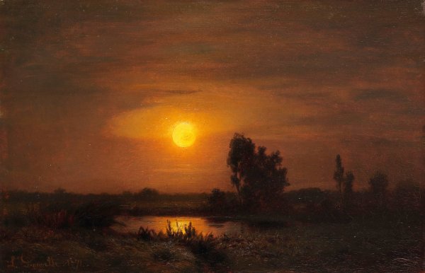 Mondaufgang am Weiher  by Louis Douzette - Hand-Painted Oil Painting Reproduction