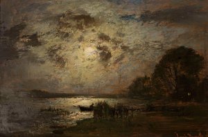 Moonlit landscape by Louis Douzette Oil Painting