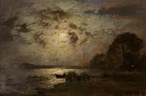 Moonlit landscape by Louis Douzette Oil Painting