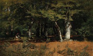 Mushroom Picking in a Forest by Louis Douzette Oil Painting