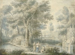Arcadisch landschap, met rechts een fontein by Louis Fabritius Dubourg Oil Painting