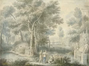 Arcadisch landschap, met rechts een fontein by Louis Fabritius Dubourg Oil Painting
