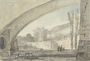 Doorzicht onder een brug naar terrassen en een trap by Louis Gabriel Moreau Oil Painting