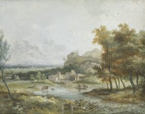 Italian Landscape with a Boating Party by Louis Gabriel Moreau Oil Painting