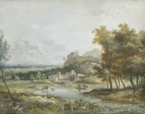 Main Product Photo of Italian Landscape with a Boating Party Painting by Louis Gabriel Moreau