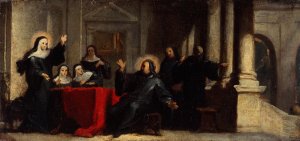 Sainte Scolastique obtenant du ciel une pluie accompagnee de tonnerre pour empecher saint Benoit de la quitter by Louis Galloche Oil Painting