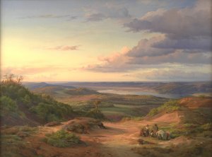 A Landscape near Himmelbjerget, Jutland. In the Foreground a Gypsy Family by Louis Gurlitt Oil Painting