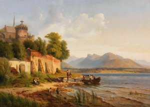 Oberitalienische Kustenlandschaft mit Figurenstaffage by Louis Gurlitt Oil Painting