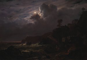 View of Kullen in Sweden. Smugglers Hiding their Goods among the Rocks. Moonlight by Louis Gurlitt Oil Painting