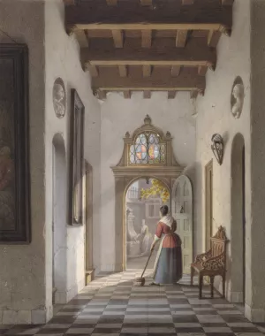 Meid die de gang van een huis veegt by Louis Henri De Fontenay Oil Painting