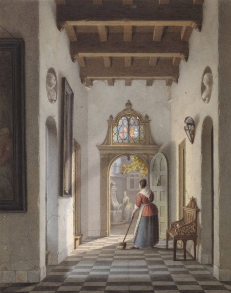 Meid die de gang van een huis veegt  by Louis Henri De Fontenay - Hand-Painted Oil Painting Reproduction