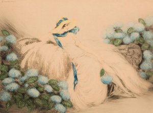 Lady with Blue Flowers by Louis Icart Oil Painting